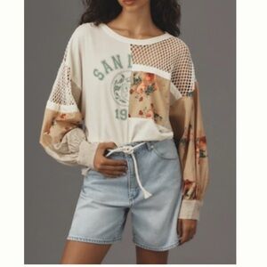 Anthropologie Floral Mesh Sleeve Top - Cream and Tan